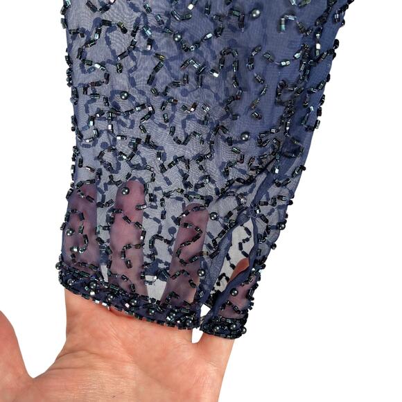 Vintage Peak Evenings Dress Womens 8 Navy Beaded Long Sheer Sleeves Maxi - Picture 6 of 13